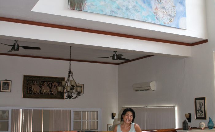 Artist Noe Tanigawa and her painting installed at the residence of U.S. Ambassador to Palau.