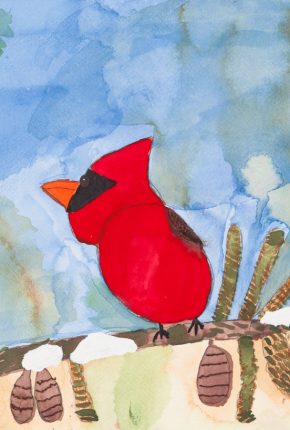 Beth Zmerzlikar, Red Bird on a Tree Branch, Watercolor and graphite on paper, Courtesy of the artist and Creativity Explored, San Francisco, California