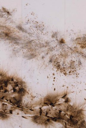 Cai Guo-Qiang, Eagle Landing on Pine Branch, 2007, gunpowder on paper mounted on 5 panel screen, image courtesy of the artist.