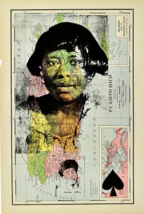 Mildred Howard, Island People on Blue Mountain IV, 2012, Color monoprint with collage