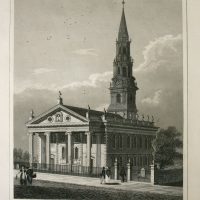 A. J. Davis, St. Paul's Chapel (built 1766), Broadway, New York City, Steel engraving, Overall: 15 1/4 x 12 1/4 x 1 1/4 in. (38.7 x 31.1 x 3.2 cm)
Image: 7 1/4 x 6 in. (18.4 x 15.2 cm), Collection of Art in Embassies, Washington, D.C.; Courtesy of an anonymous gift
