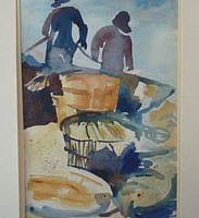 Nancy South Reybold, Hauling Fish, watercolor, 25 x 32 in.  (63.5 x 81.3 cm) framed, Lent by the artist, Easton, Maryland