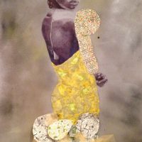 Jamea Richmond Edwards, It Could Be A Sad Story, Mixed media: ink, acrylic, graphite, rhinestones, collaged paper on Mylar, Overall: 89 x 36in. (226.1 x 91.4cm), Art in Embassies, U.S. Department of State, Permanent Collection