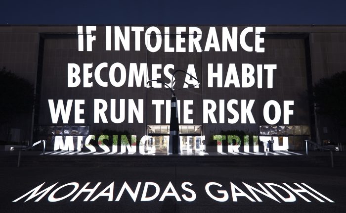THE PEOPLE, 2023 Light projection Smithsonian National Museum of American History, Washington, DC Text: “For Rajaji” by Mohandas Gandhi, from Harijan, May 31, 1942. © 2023 Jenny Holzer, member Artists Rights Society (ARS), NY Photo: Filip Wolak