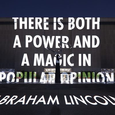 THE PEOPLE, 2023 Light projection Smithsonian National Museum of American History, Washington, DC Text: Abraham Lincoln’s Lost Speech by Henry Clay Whitney, 1897. © 2023 Jenny Holzer, member Artists Rights Society (ARS), NY Photo: Filip Wolak