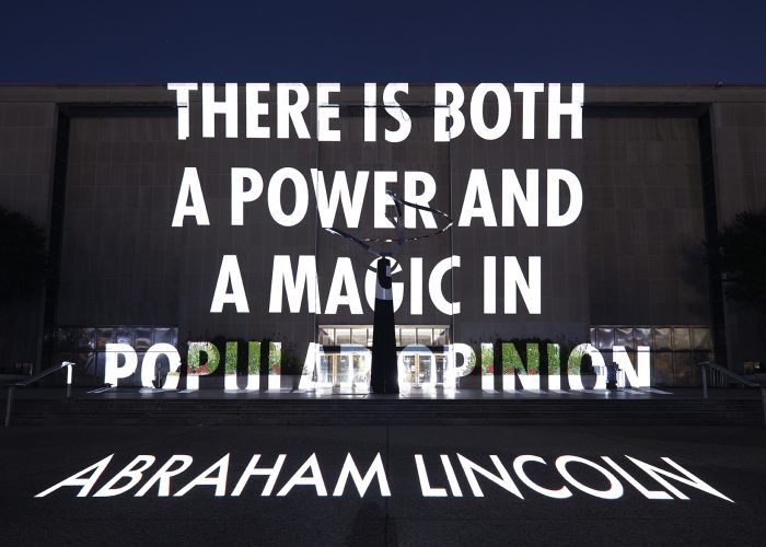 THE PEOPLE, 2023 Light projection Smithsonian National Museum of American History, Washington, DC Text: Abraham Lincoln’s Lost Speech by Henry Clay Whitney, 1897. © 2023 Jenny Holzer, member Artists Rights Society (ARS), NY Photo: Filip Wolak