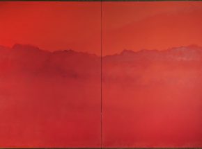 Red Screen With Line of Trees